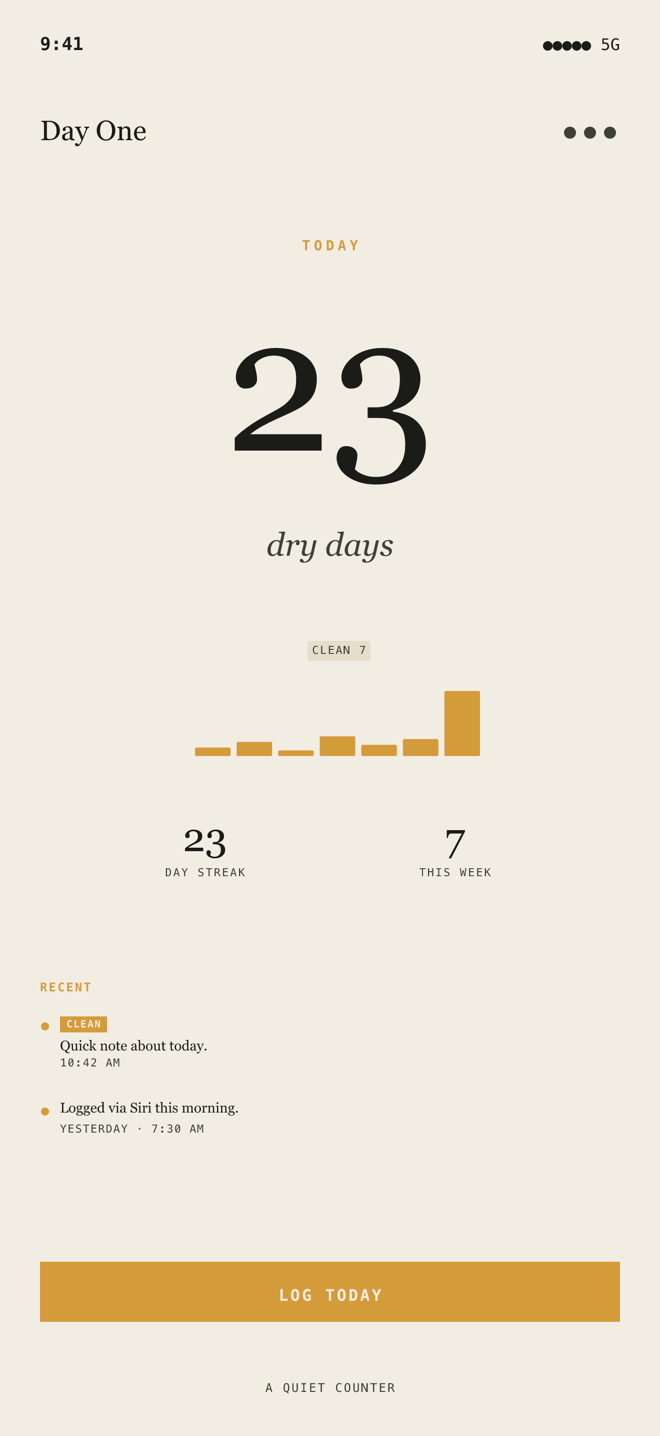 The Day One home screen: a single day count and the date beneath it